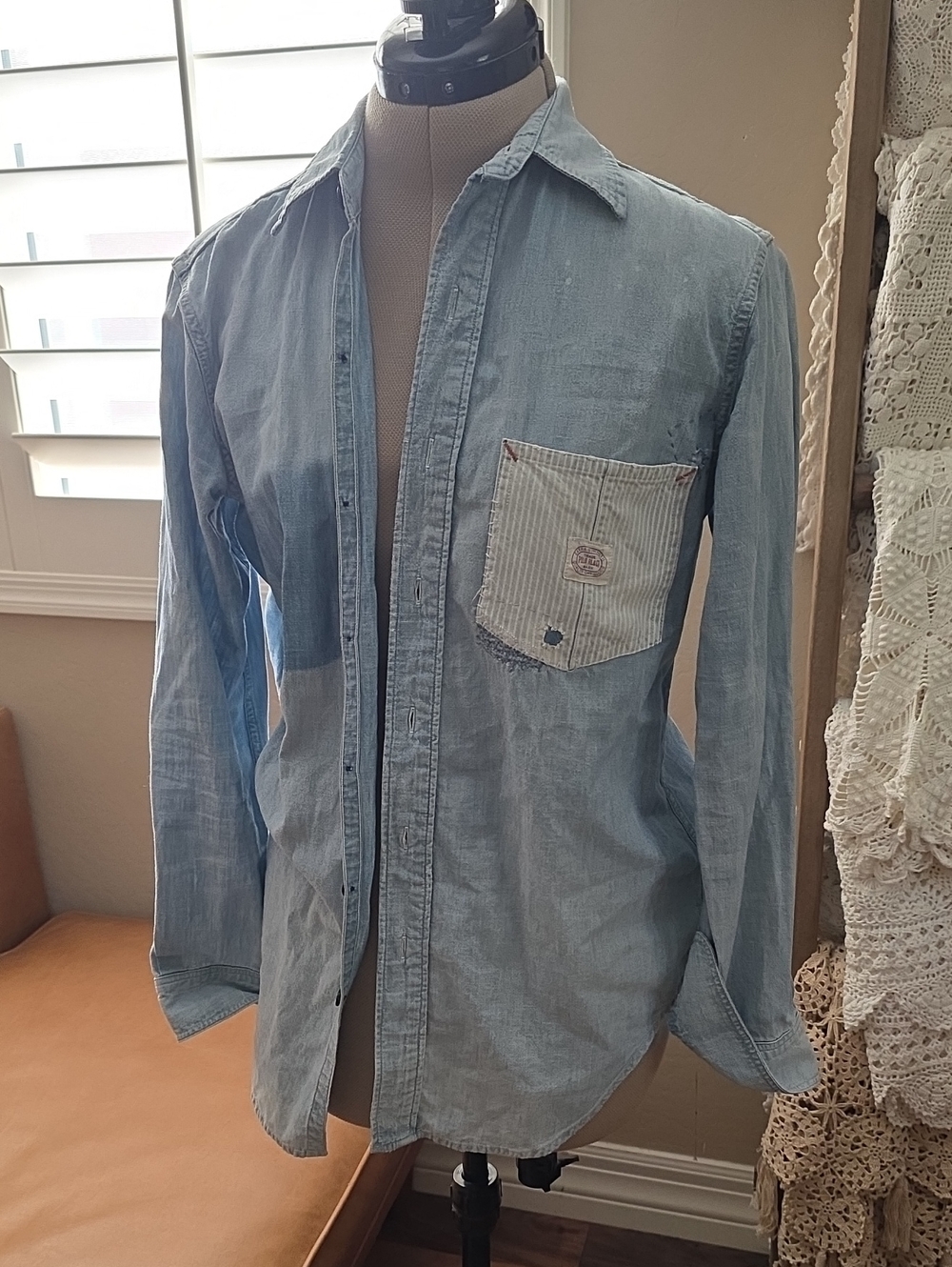 Ralph Lauren Light Blue Chambray Button-Down Shirt with Striped Pocket